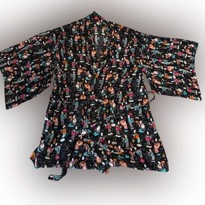 Natori Vibrant Artistic Kimono Asian Tea Party Print Black XL